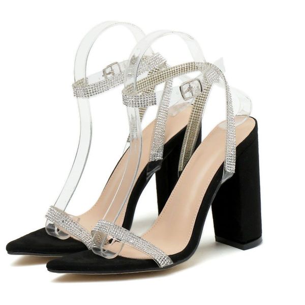 

summer fashion square high women sandals rhinestone crystal heel ladies shoes design party open-toed sandals, Black