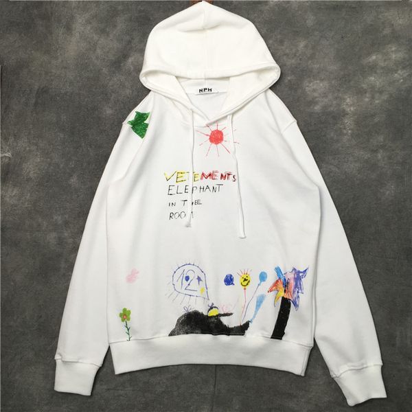 

2019 new vetements painting graffiti elephant irregular printing women men pullover hoodies hip hop skateboard sweatshirts, Black