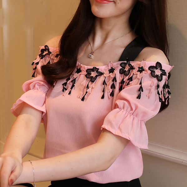 

blouse woman womens clothing new summer sweet pink chiffon women blouse shirt fashion short sleeve women slash neck blusas d836 30, White