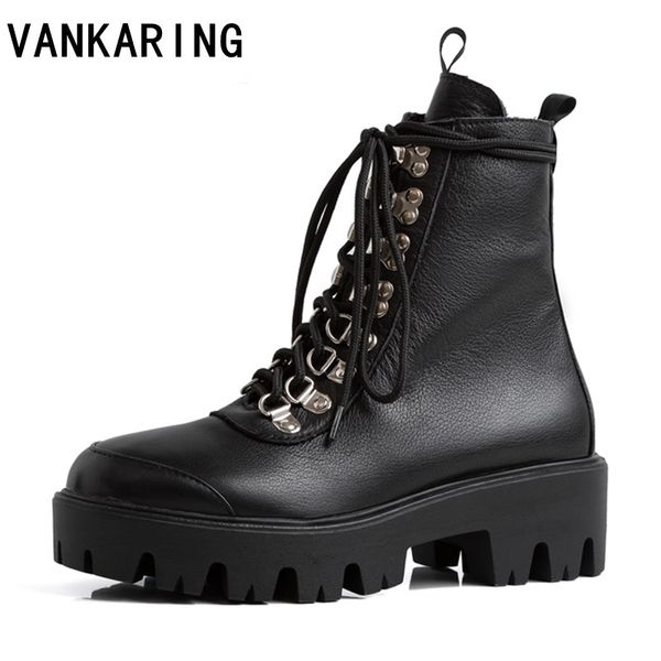 

black white genuine leather ankle boots for women lace up platform boots women winter autumn street punk style shoes