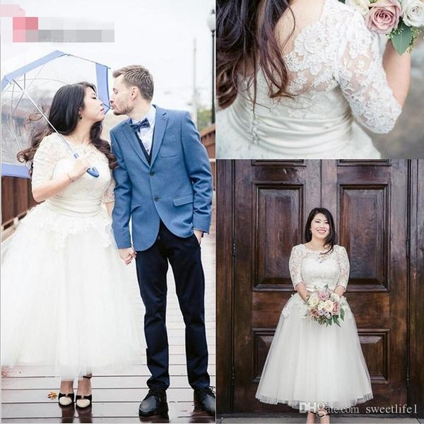 

short vintage lace tea length white plus size wedding dresses half sleeve tulle bridal gown robes de mariÃ©e