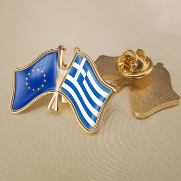 

european union and greece crossed double friendship flags lapel pins, Gray