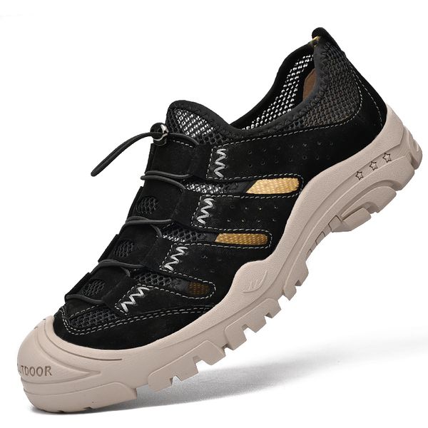 

mens fashion breathable summer shoes outdoors travel beach sandals covers toe cow leather sandales non-slip platform shoe, Black