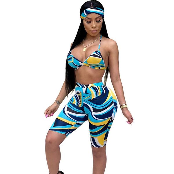 

3 piece set women head scarf +crop +bodycon shorts sweat suits boho beach summer outfits three piece tracksuit harajuku, Gray