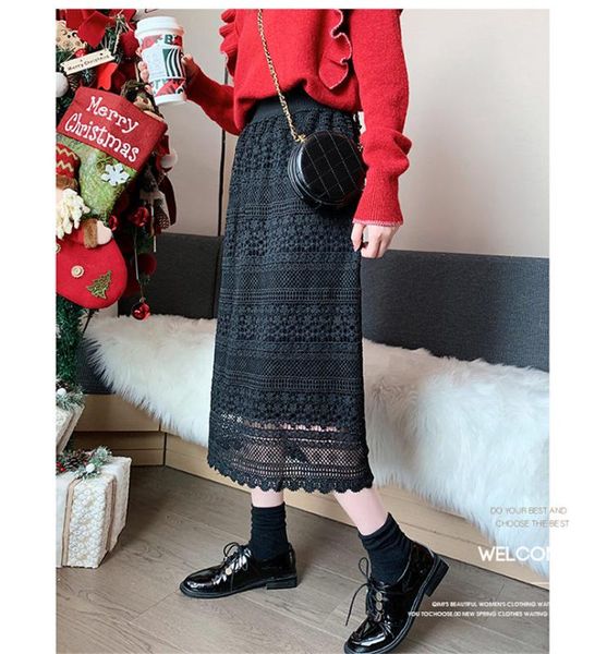 

spring and autumn long lace skirt girl high waist one-step skirt wild package hip 2020 new fashion hollow out jupe r113, Black