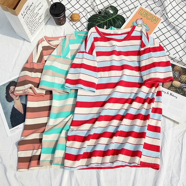 

2020 students striped short sleeve tile t-shirt tile loose t-shirt women's 95 cotton 5 spandex, White
