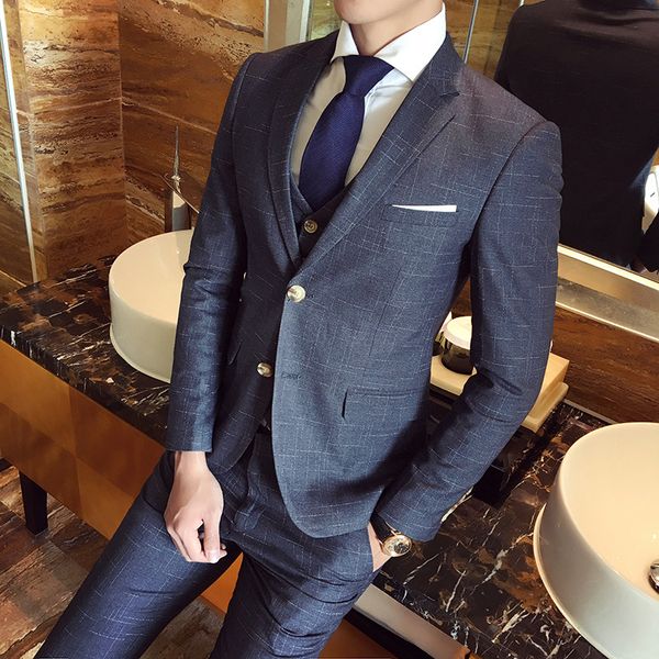 

costume men classic plaid slim 3pcs man single-breasted two buttons business casual jacket vest & pants, White;black