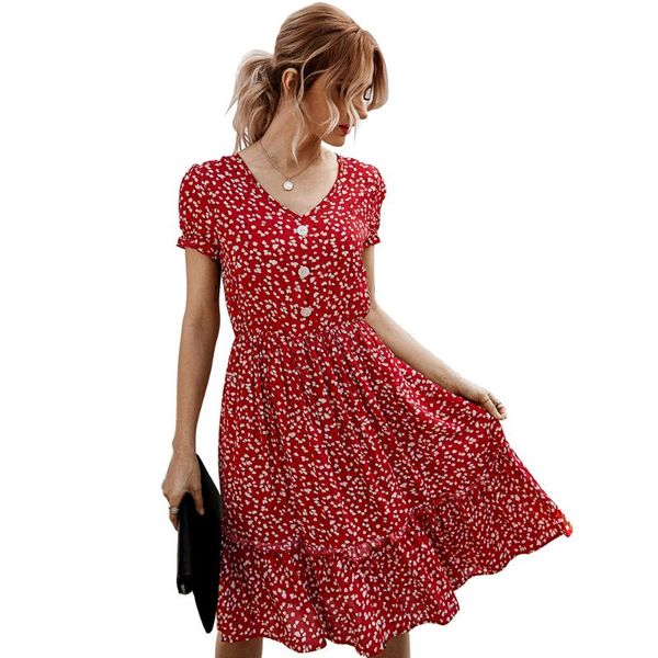 

2020 women summer dresses women v neck boho print short sleeve knee length high waist casual beachwear dress sundress vestidos, Black;gray