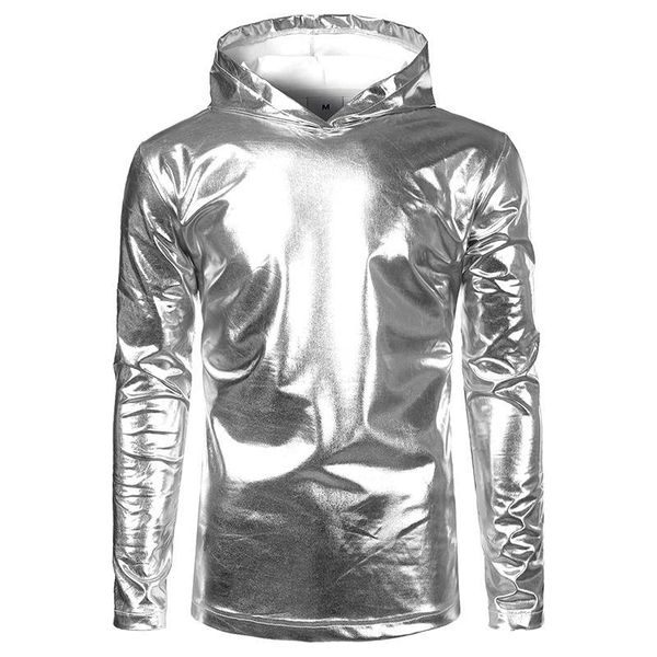 

brand t shirt men hooded tee shirt homme shiny night club mens long sleeve tshirts casual silver metallic dance tees harajuku s-2xl, Black