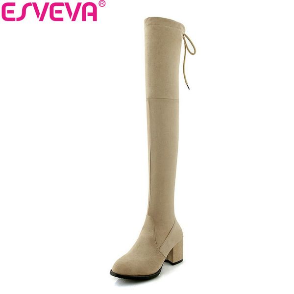 

esveva 2019 women boots lace up high heels round toe square heels shoes woman over the knee boots solid winter shoes size 34-43, Black