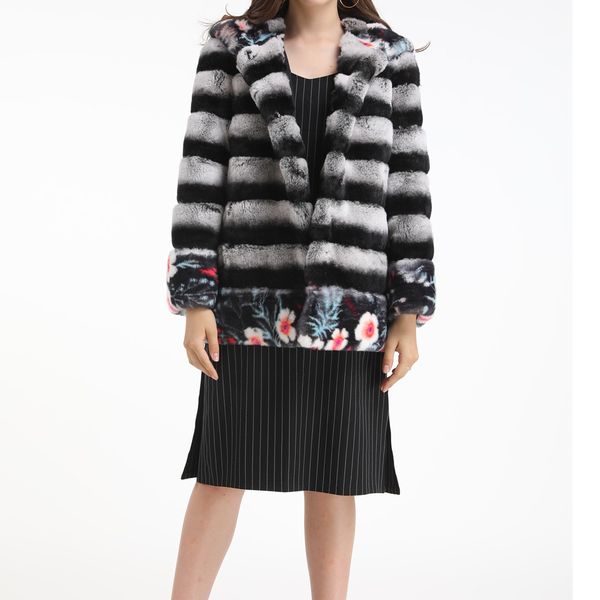 

women real rex rabbit fur chinchilla color coats flower print with hood outwear fluffy furry winter warm striped plus size, Black