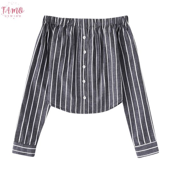 

women blouse button striped backless off shoulder long sleeve blouse women quality bloes dames, White