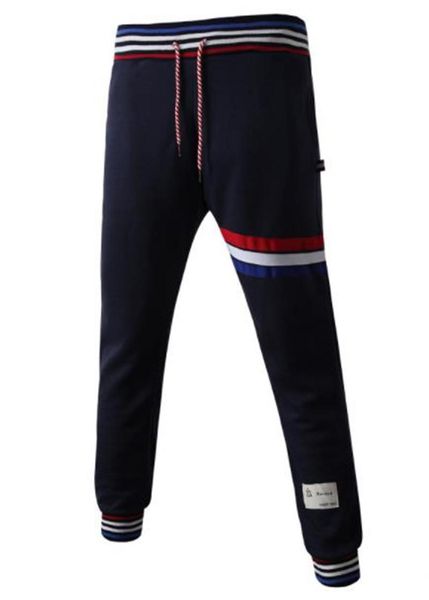 

striped print designer mens pants solid color elastic waist sports casual pants couples loose fitness mens trousers, Black