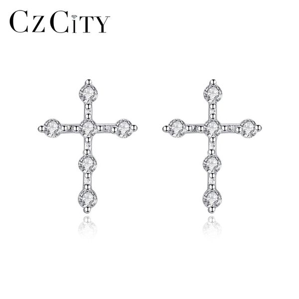 

czcity new sparkling tiny zircon cross stud earrings for women simple earrings 925 sterling silver jewelry dating wearing bijoux, Golden;silver