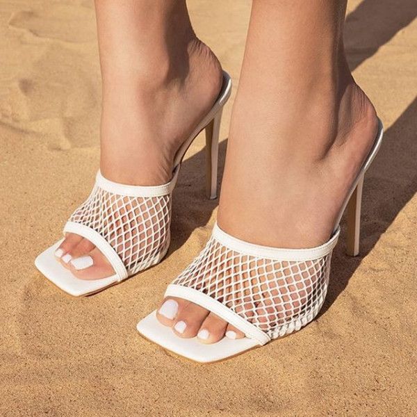 

new pu square head peep toe high heel mesh slippers summer fashion slip on thin heels slides women mules party sandals, Black
