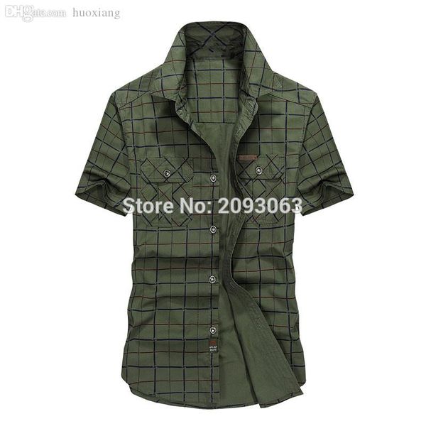 

wholesale- summer men's 100% cotton shirts plaid army green dress short sleeve shirts casual men brand shirts plus 5xl