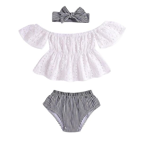 

summer 3pcs toddler baby girl clothes set lace hollow out short sleeve +stripe shors +headband 3pcs outfits clothes 0-24m, White