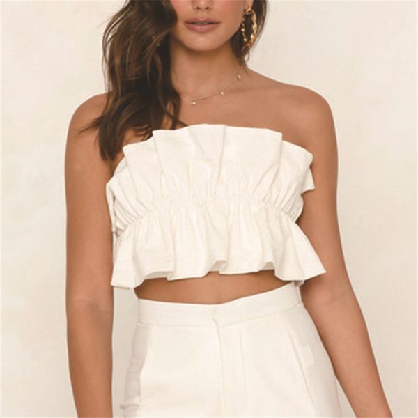 

women designer slash neck strapless crop casual solid color sleeveless women clothing, White
