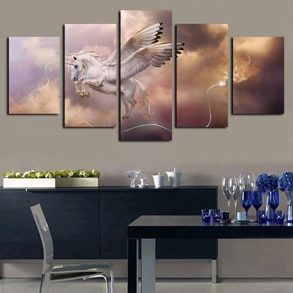 

5 panels fantasy art unicorn pegasus painting artworks giclee canvas wall art for home decor abstract poster canvas print oil painting