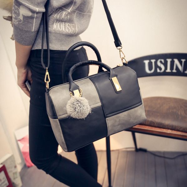 

new casual patchwork handbag fashion stitching hit color hairball handbags parker women's party wallets shoulder messenger bag