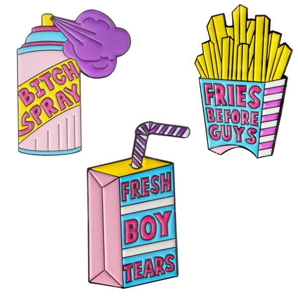 

3pcs lovely cartoon brooch pins badge cute lapel pins enamel brooches set - french fries, milk box, spray, Gray