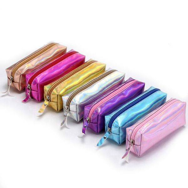 

lridescent laser holographic pencil case for girls boys cute pencil box quality pu pencil bag make up brush bags school supplies stationery