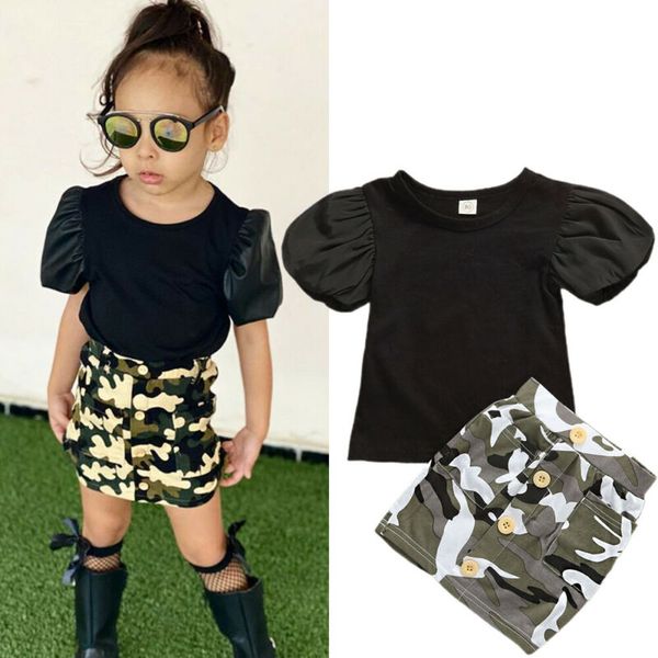 

2pcs toddler baby girl summer clothes short sleeve camouflage skirt outfits, White