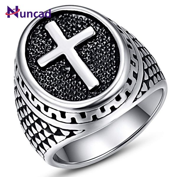 

2019 nuncad vintage men's ring stainless steel oval signet ring with cross pattern black silver party birthday anniversary, Slivery;golden
