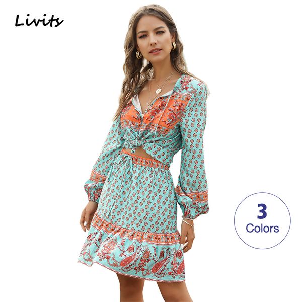 

women's sets beach bohemian holiday vacation french v neck long sleeve a-line floral pleated for female, White