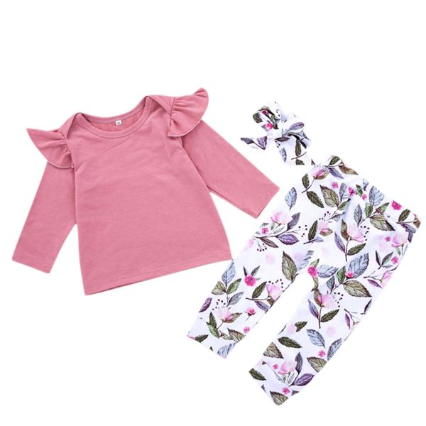 

baby girls clothes new three pieces t-shirt pants hair band girls round neck long sleeve leaves floral print trousers, White