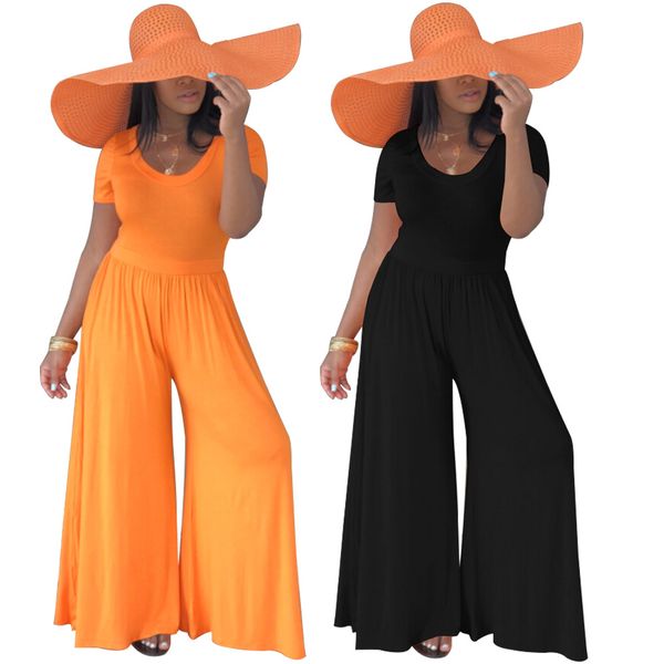 

summer rompers womens jumpsuits high waist short sleeve o-neck long wide pants loose clothes overalls outfits, Black;white