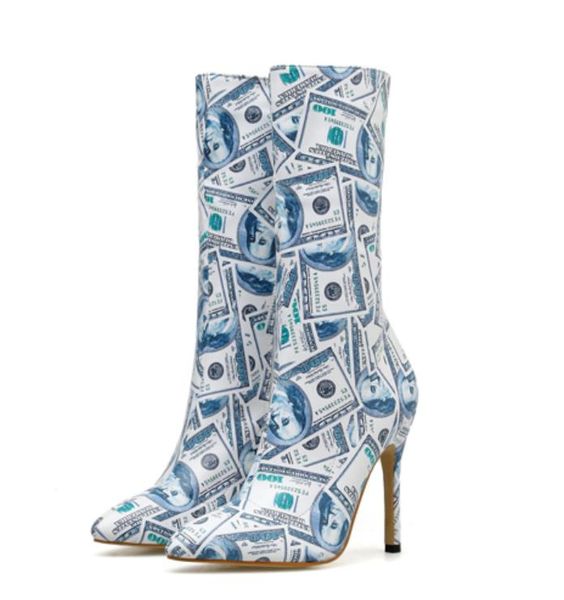 

printed high heel mid calf booties come with box size 35 to 40, Black