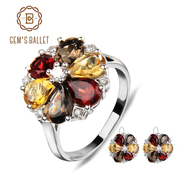 

gem's ballet new natural garnet smoky quartz citrine jewelry set 925 sterling silver flowers earrings ring set for women wedding, Black