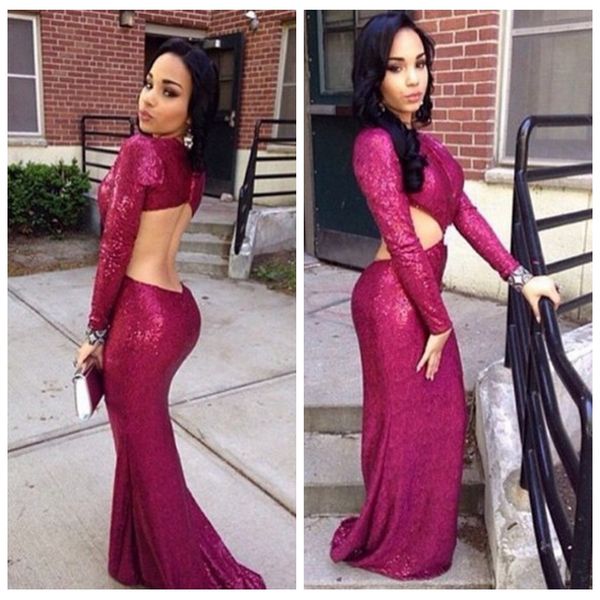 

2019 long sleeves bling bling sequins slim mermaid prom dresses backless sweep train long vestidos de soiree custom homecoming gowns, Black
