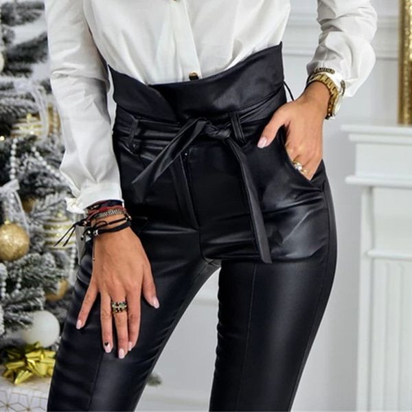 

gold black belt high waist pencil pant women faux leather pu sashes long trousers casual exclusive design fashion, Black;white