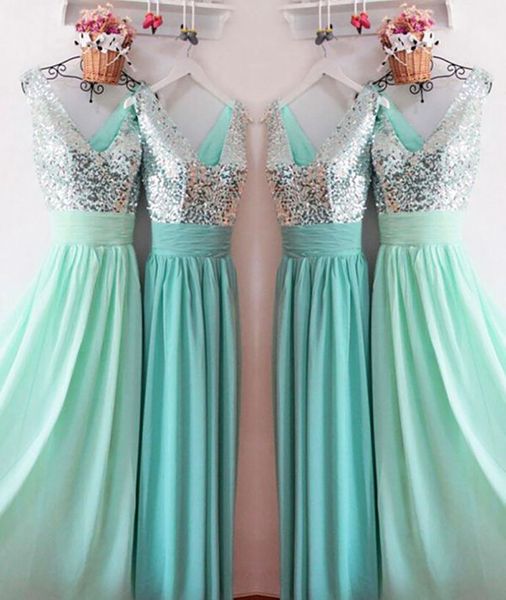

mint green long bridesmaid dresses silver sequins v-neck floor length sparkly maid of honor dress wedding guest gowns cheap, White;pink