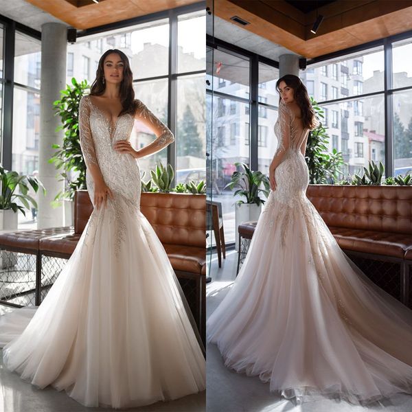 

oksana mukha wedding dresses deep v neck long sleeves button back bridal gowns lace appliques beads sequins mermaid wedding dress, White