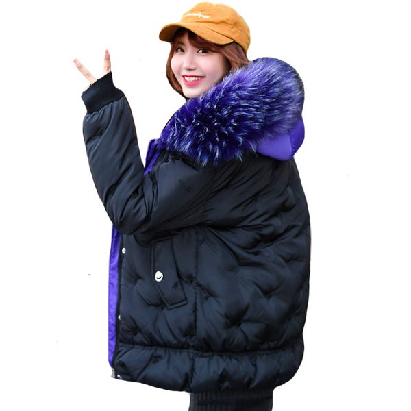 

with thicken fur collar 2019 new winter jacket women cotton padded outwear female coat warm ladies parka, Black
