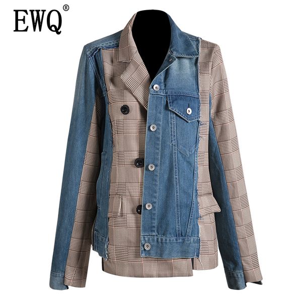 

ewq] 2019 new summer fashion women clothes jacket pleated denim split spliced double breasted short coat wg15305l, Black;brown