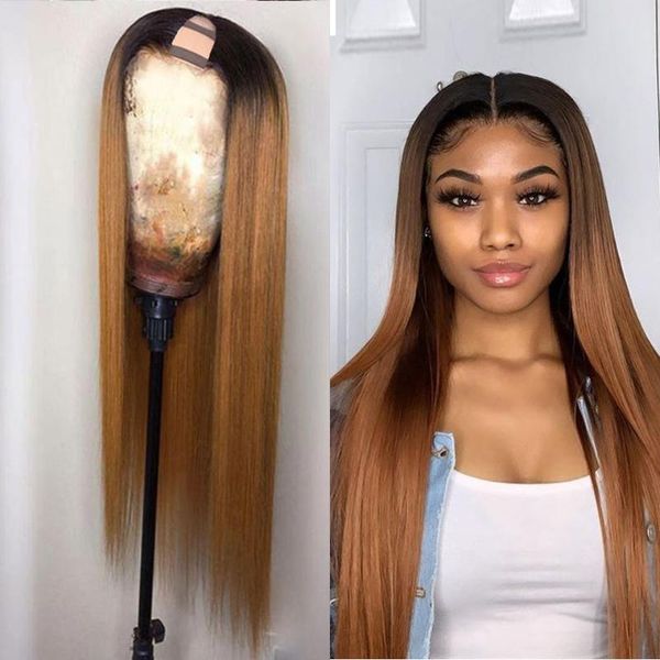 

u-part human hair 1b/27 wigs brazilian straight human hair wigs ombre color glueless u part blonde for women, Black;brown