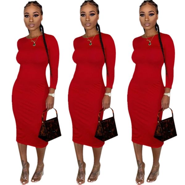 

womens round neck dress solid color casual slim skirt long sleeve button split female clothing, Black;gray