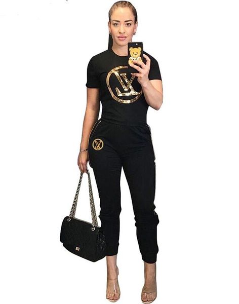 

2019 ummer women two piece et track uit 4 color equin letter applique o neck t hirt hort leeve top long pant ca ual port uit, Gray