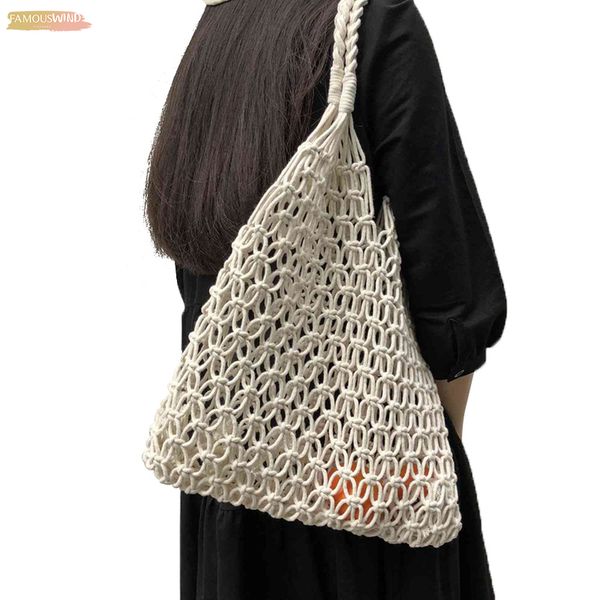

abdb fashion popular woven bag no zipper mesh rope weaving tie buckle reticulate hollow bag no lined net shoulder bag