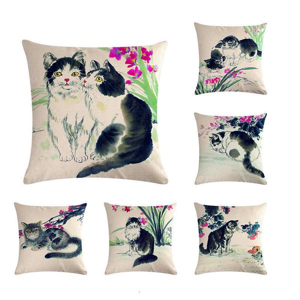 

кошки подушка обложка китайская живопись тушью printed животных funda cojin хлопок белье наволочки стул главная бросьте подушки case zy375