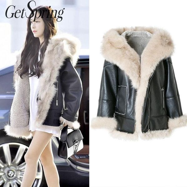 

getspring women coat faux leather jackets women black fake hair short leather jackets plus size 2019 fashion winter coats