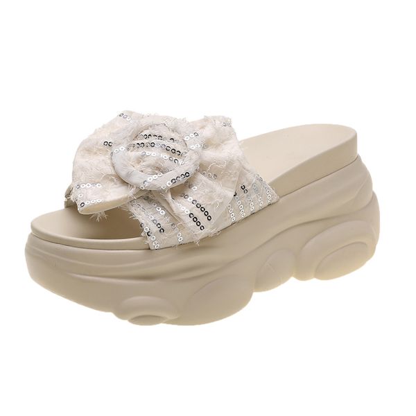 

summer women slippers high platform wedges sandals 8.5cm heels outside flip-flops fashion bling bowknot holiday beach slippers, Black