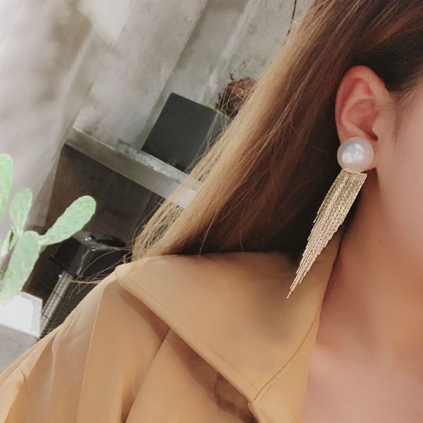 

shifeel 2019 new fashion 925 sterling silver pearl buckle multi-layer chain tassel drop earrings temperament long pendients, Golden
