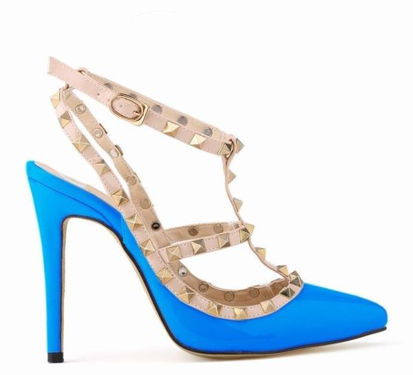 

2020 luxury shoes fashion pointed toe high heels patent leather rivets sandals women studded strappy dress shoes valentine high h heel ws01, Black