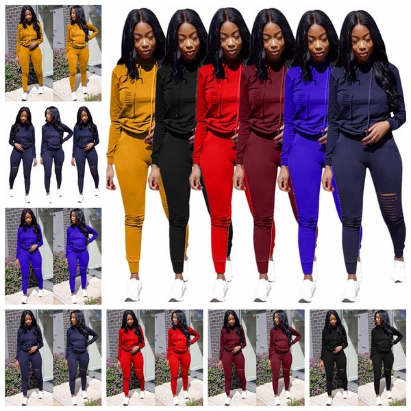 

european spring and summer new solid color long-sleeved casual sports burnt hooded suit two-piece set, support mixed batch, White