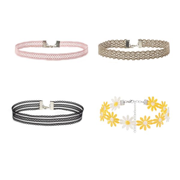 

doreen box fashion choker necklaces vintage tattoo choker with yellow sunflower sweet jewelry for women wedding party, 4 pcs/set, Golden;silver